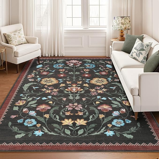GarveeHome Washable Rug 8x10 Area Rugs for Living Room, Floral Rug for Bedroom, Soft Vintage Non Slip Throw Rugs with Rubber Back, Low Pile Stain Resistant Boho Floral Carpet for Dining Room, Red