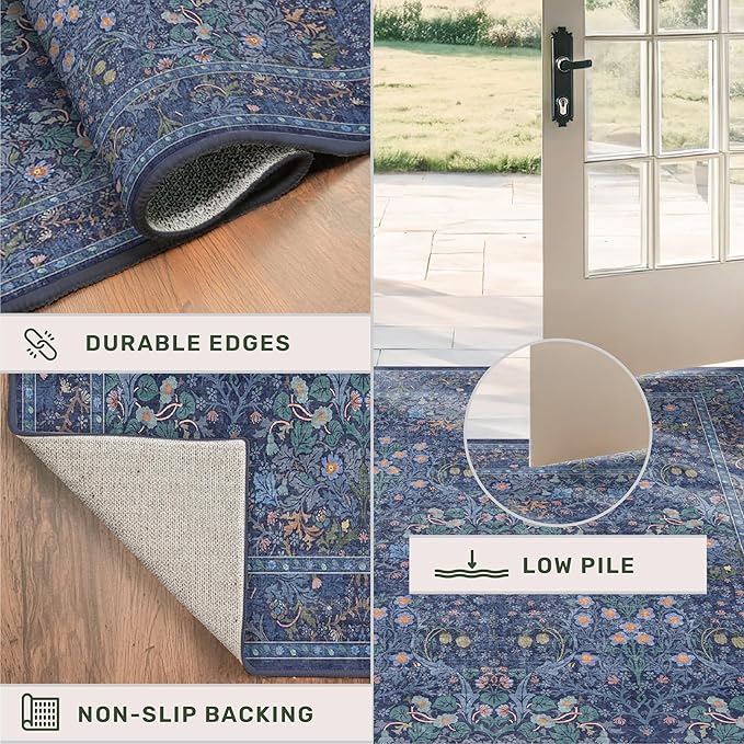 Dark Navy Blue Living Room Rug 5x7 Area Rug - Vintage Floral Forest Washable Mat for Dining Room, Bedroom, Low Pile Non Slip Stain Resistance Distressed Retro Indoor Boho Carpet