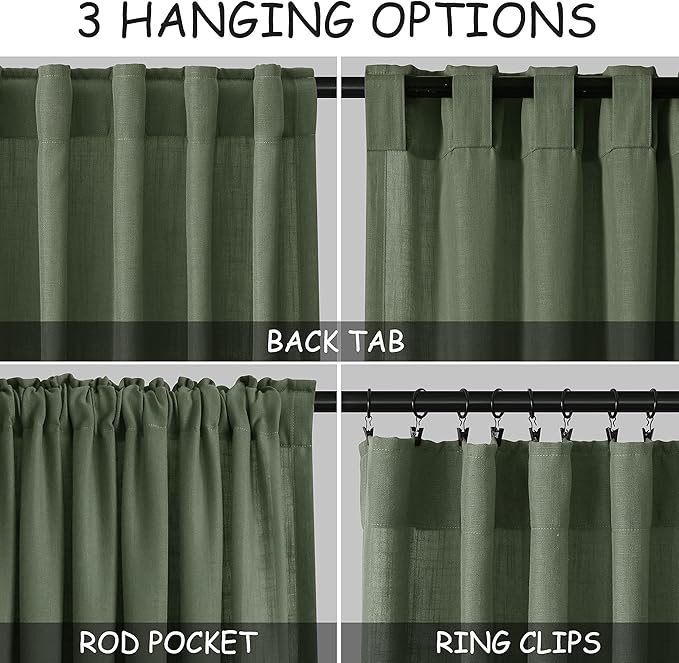 Olive Green Linen Curtains 120 Inch Extra Long for Living Room Back Tab Light Filtering Semi Sheer Drapes Modern Farmhouse Boho Decor Cotton Textured Curtain for Floor to Ceiling High Window 52x120