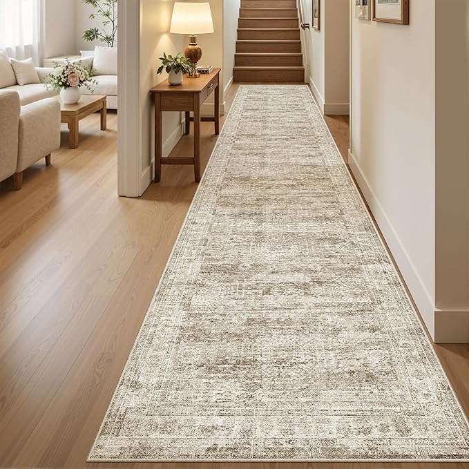 Runner Rug 2'6" x 12' Washable Non-Slip Runner Rugs for Kitchen Bathroom Laundry Room Vintage Ultra Thin Runners for Hallway Entryway Brown