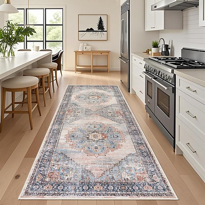 Washable Hallway 4x8 Runner Rug: Non-Slip Hallway Runner Rug Stain Resistant Durable Soft Kitchen Rugs Low Pile Thin Indoor Carpet for Living Room Bedroom Bathroom (Blue, 4X8)