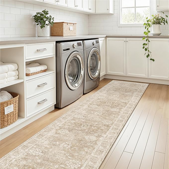 Madane Runner Rug 2x10 for Hallway, Kitchen Non-Slip Runner Rug with Rubber Backing, Vintage Soft Low Pile Throw Neutral Carpet Runner for Laundry Room Entryway Bathroom Bedroom (2 x 10, Beige/Brown)