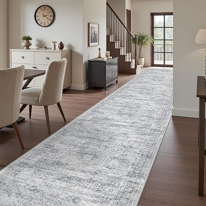 3x14 Washable Runner Rug for Hallway, Non-Slip Long Hallway Runner for Entryway, Soft Vintage Kitchen Mats for Floor, Abstract Dining Room, Bedroom, Living Room Rugs(3'x14', Grey/Ivory)