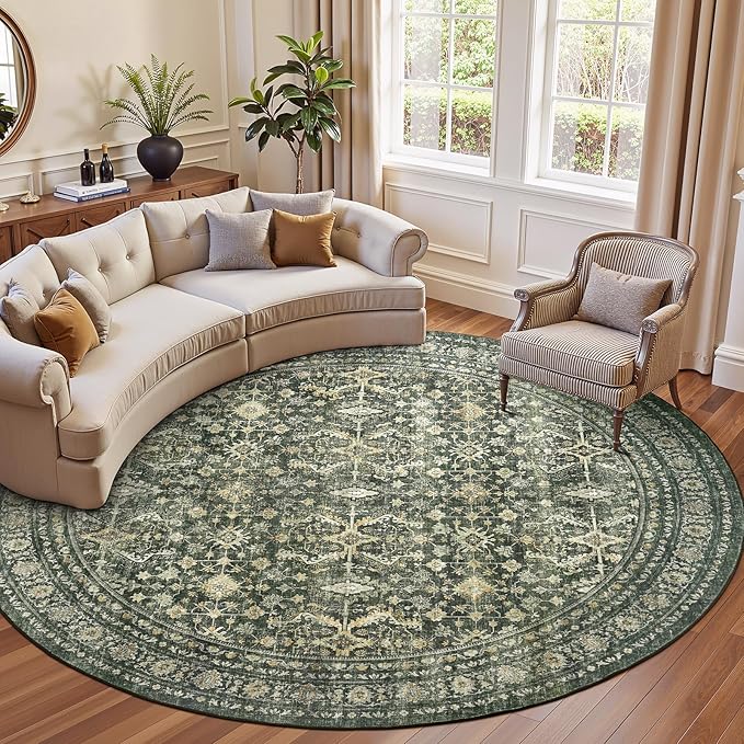 Lofus 8ft Area Rugs for Living Room, Green Washable Area Rug with Non-Slip Backing,Soft Boho Carpets for Bedroom Dining Room Home Office Indoor Nursery