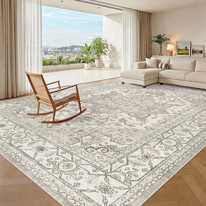 Madane Washable Rug 8x10 Area Rugs for Living Room, Ultra-Thin Non-Slip Backing Rug, Stain Resistant Vintage Large Area Rug for Bedroom (Beige/Brown, 8'x10')