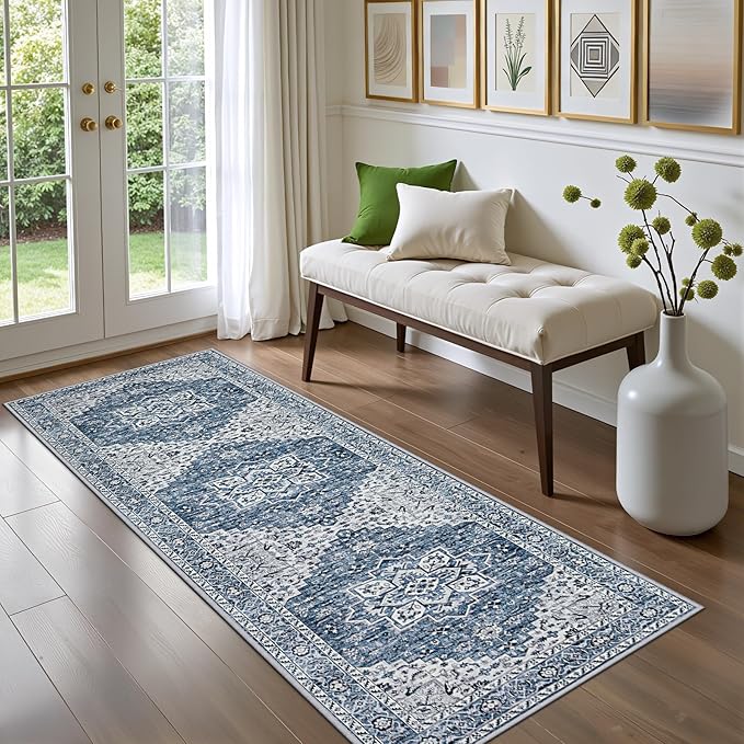 Hallway Runner Rug Non Slip - Washable 2.6x8 Kitchen Rugs for Living Room, Low-Pile Soft Bedroom Rug Indoor Floor Stain Resistant Carpets for Entryway, Laundry, Bathroom Blue