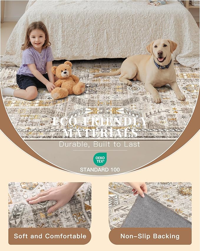 Madane Washable Area Rug 2x3, Small Entryway Rug Non-Slip Vintage Door Mat Indoor Entrance, Low Pile Floor Carpet for Inside Front Door Bedroom Kitchen Entry Laundry (2'x3', Brown/Gold)