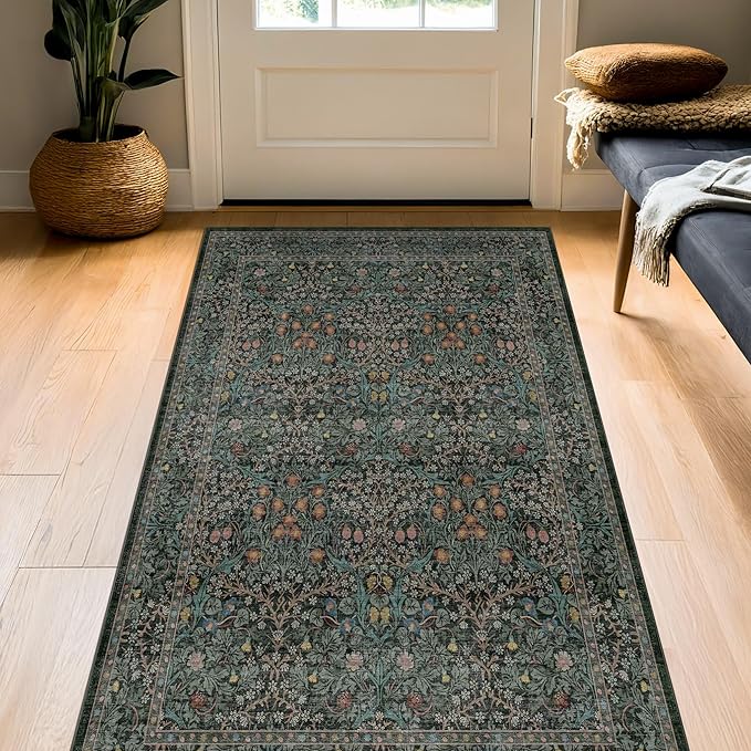 Vintage Floral Dark Green 3x5 Area Rugs for Entryway, Kitchen, Bedroom Beside Rug, Laundry Room, Non-Slip Low Pile Ultra Soft Stain Resistant Small Carpet