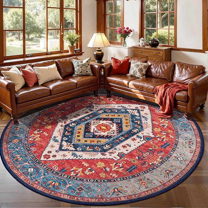 SERISSA Boho Round Area Rug, 8ft Washable Non-Slip Circle Rug, Ultra Soft Large Oriental Vintage Rust Low-Pile Circular Carpet for Living Room Bedroom Dining Room Kids Room Office College Dorm