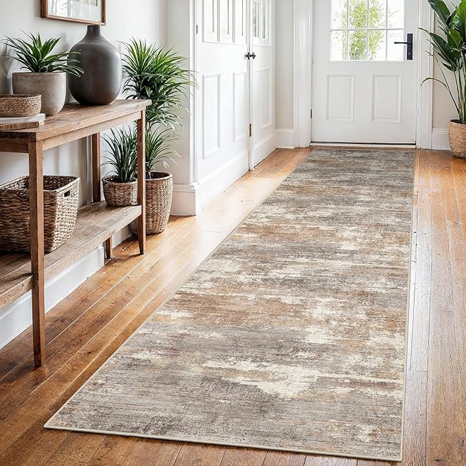 2'6''x12' Washable Kitchen Runner Rug: Modern Abstract Runners for Hallway Soft Non Slip Rugs with Rubber Backing Low Pile Thin Floor Carpet for Entryway Bedroom Bathroom Indoor(Brown/Brick,2'6''x12')