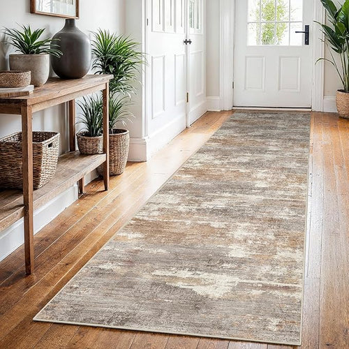 2'6''x12' Washable Kitchen Runner Rug: Modern Abstract Runners for Hallway Soft Non Slip Rugs with Rubber Backing Low Pile Thin Floor Carpet for Entryway Bedroom Bathroom Indoor(Brown/Brick,2'6''x12')