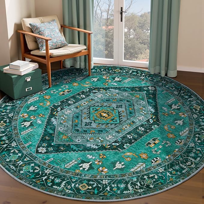 SERISSA Boho Round Area Rug, 6ft Washable Non-Slip Circle Rug, Ultra Soft Oriental Vintage Teal Low-Pile Circular Carpet for Bedroom Entryway Kids Room Office College Dorm Living Room