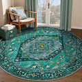 SERISSA Boho Round Area Rug, 5ft Washable Non-Slip Circle Rug, Ultra Soft Oriental Vintage Teal Low-Pile Circular Carpet for Bedroom Entryway Kids Room Office College Dorm Living Room