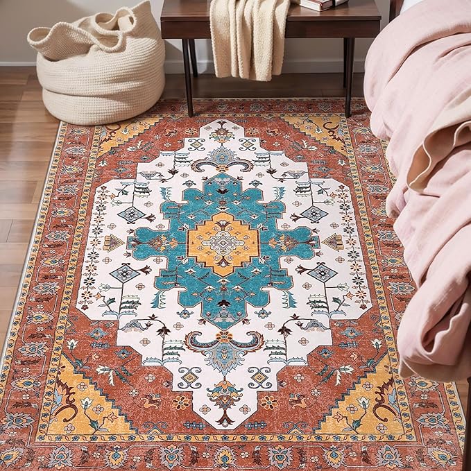 SERISSA Area Rug 3x5 Boho Orange Rugs for Bedroom, Washable Kitchen Rugs Non-Slip, Ultra Soft Print Distressed Vintage Entry Rug Low-Pile Throw Rug Carpet for Nursery Living Room Dorm Decor