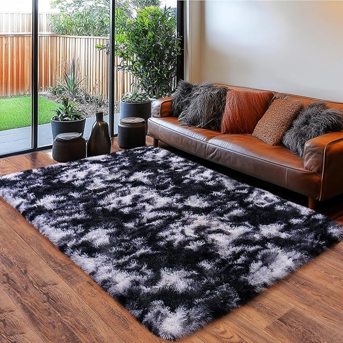 Black and White Rug for Living Room, 6x9 Area Rug for Bedroom, Bedside Indoor Floor Fluffy Shag Carpet, Plush Soft Rug for Boys Girls Kids Room Nursery Dorm Home Decor