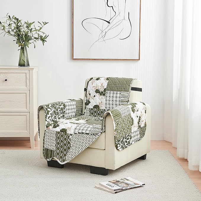 Great Bay Home Reversible Patchwork Chair Cover - Washable Slipcover Furniture Protector with Elastic Straps - Perfect for Kids & Pets - Box-Stitched Detail (Olive/Brown)