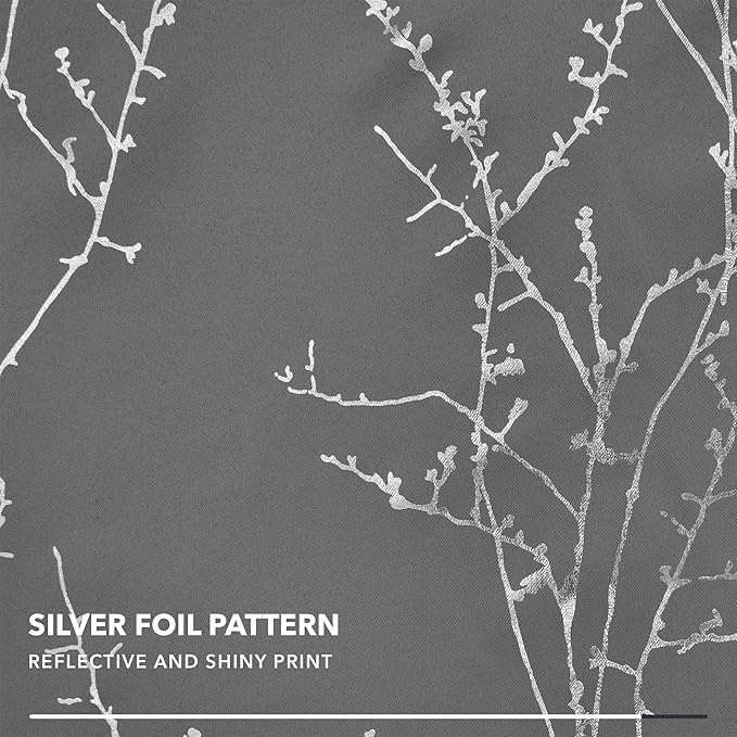 Deconovo Grey Blackout Curtains for Living Room, Thermal Insulated Soundproof Drapes, Silver Branch Foil Print, 42 x 63 Inches Long, 2 Panels, Machine‑Washable Grommet Window Panel for Bedroom Office