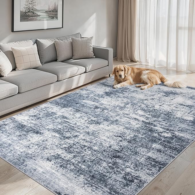 Area Rugs 9x12 Living Room - Washable Rug Modern Abstract Soft Large Neutral Non-Slip Carpet Indoor Floor Thin Carpets for Bedroom Dining Room Farmhouse Nursery Home Office Grey Blue