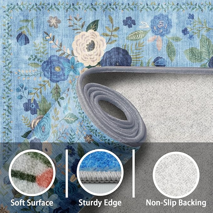 Floral Rug for Entryway, 2X3 Washable Kitchen Mat Ultra-Thin Soft, Non-Slip Indoor Door Carpet Stain Resistant Boho Small Low-Pile Throw for Bathroom Bedroom (2 x 3, Blue Lawn)