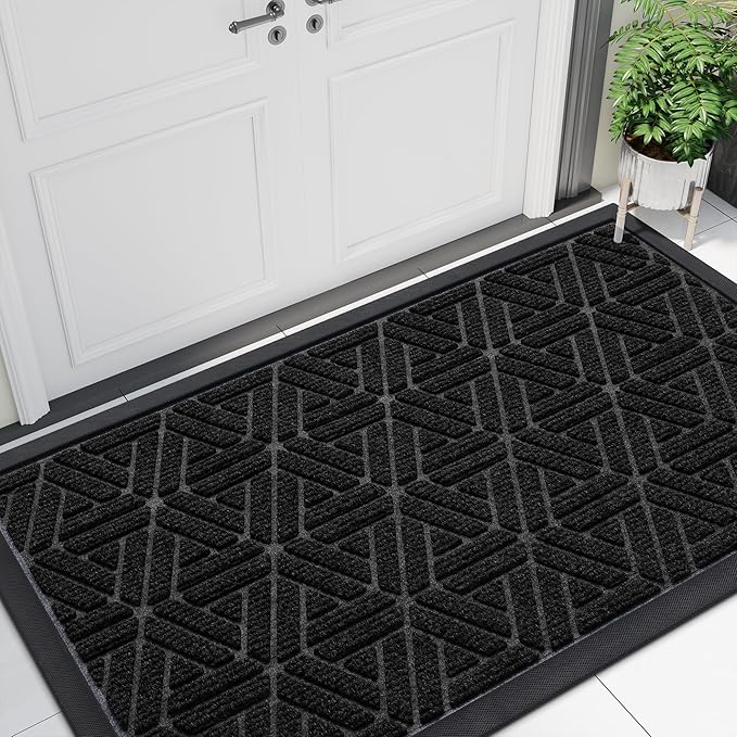 Smiry Front Door Mat Outside Entrance, Heavy Duty Sturdy Natural Rubber Doormat, Trap Dirt and Moisture, Easy Clean Low Profile Mats for Indoor Outdoor Entry, Grid Geometric (47x23, Black)