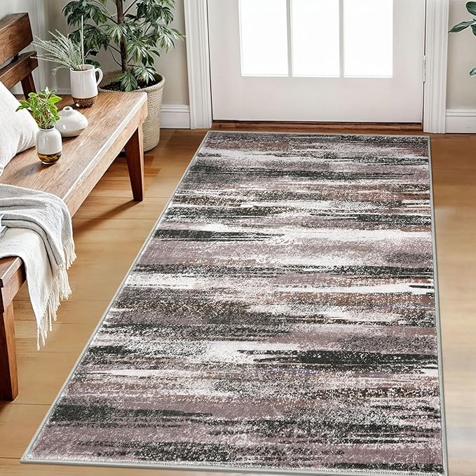 Lansny Modern Abstract Small Area Rug Indoor, Dark Light Brown White 3x5 Washable Rug Non-Slip Soft Entryway Rug Kitchen Mats Thin Print Faux Wool Floor Carpet Throw Rugs for Entrance Bedroom