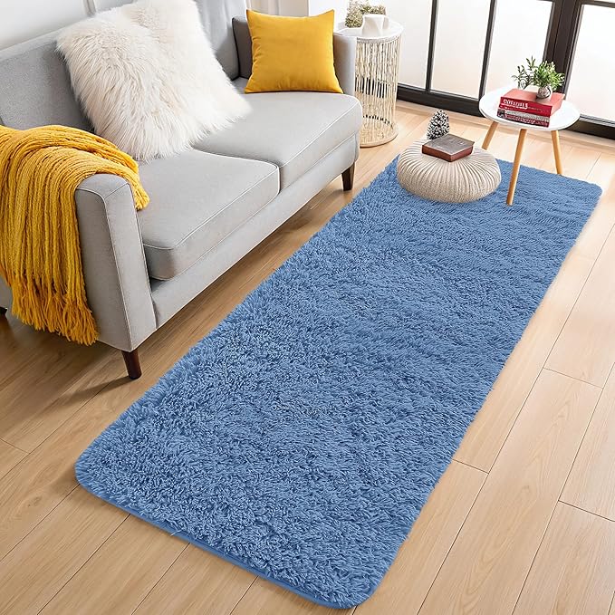 OLANLY 2x8 Machine Washable Runner Rugs for Hallway, Soft Fluffy Shaggy Bedside Rugs for Bedroom, Living Room, Indoor Floor Carpet for Kids Girls and Boys, Home Decor Aesthetic, Blue