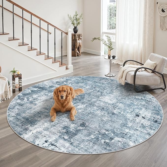 8x8 Blue/Grey Round Rug 8ft Living Room Circle Rug Vintage Round Area Rug Non Slip Indoor Carpet for Apartment