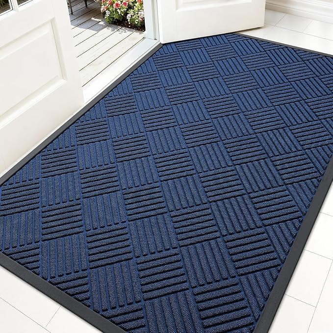 OLANLY Front Door Mat Outside Entrance 59x34, Absorbent, Heavy Duty Sturdy Natural Rubber Doormat Indoor Outdoor, Stain Fade Resistant, Non-Slip Low Profile Floor Mat for Entryway, Navy Blue Diamond