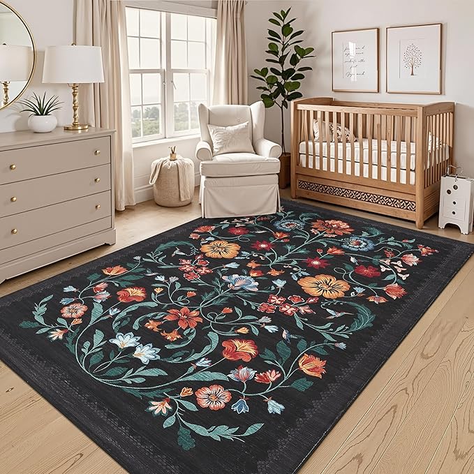 GarveeHome Washable Rug 3x5 Area Rugs for Living Room, Floral Rug for Bedroom, Soft Boho Non Slip Throw Rugs with Rubber Back, Low Pile Stain Resistant Vintage Floral Carpet for Dining Room, Black