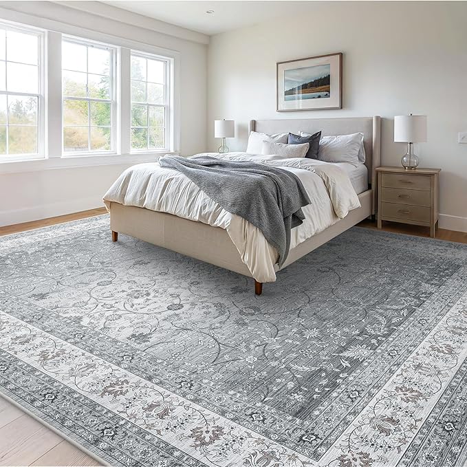 AMADA HOMEFURNISHING 5x7 Area Rugs, Washable Living Room Rug with Non-Slip Backing, Low Pile and Durable Edge Binding, Soft Vintage Floral Rugs for Living Room, Bedroom, Dining Room