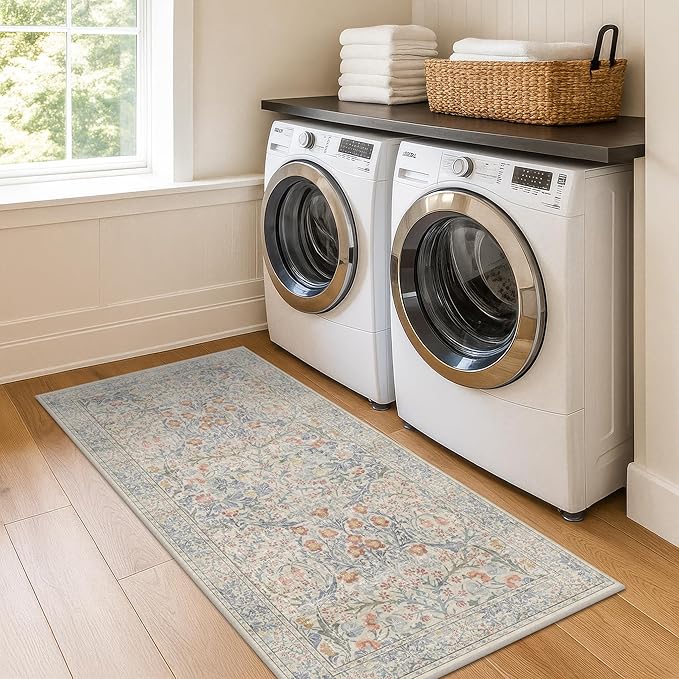 Hazo Haus Washable Bathroom Runner Rug 2x5, Non Slip Runner for Laundry Room, Bathroom Sink Mat - Vintage Pastel Beige Blue Throw Rug, Ultra Soft Low Pile Stain Resistant