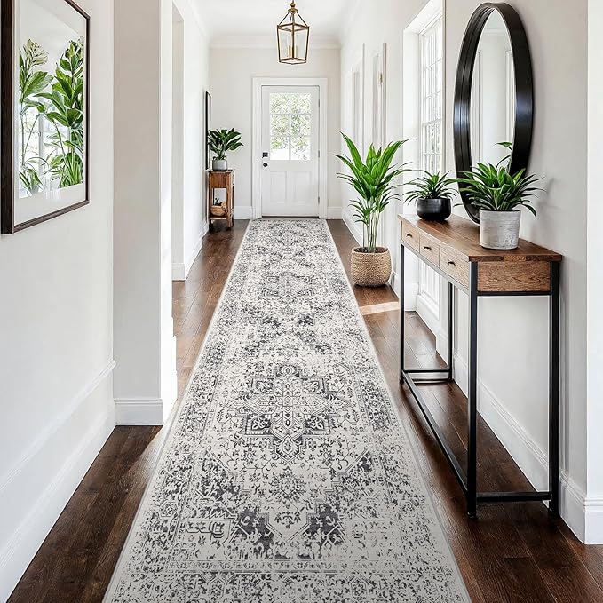 3x15 Washable Hallway Runner Rug - Vintage Kitchen Runners Low Pile Carpet Soft Thin Floor Runner with Rubber Backing for Entryway Living Room Home Decor (Distessed Grey)