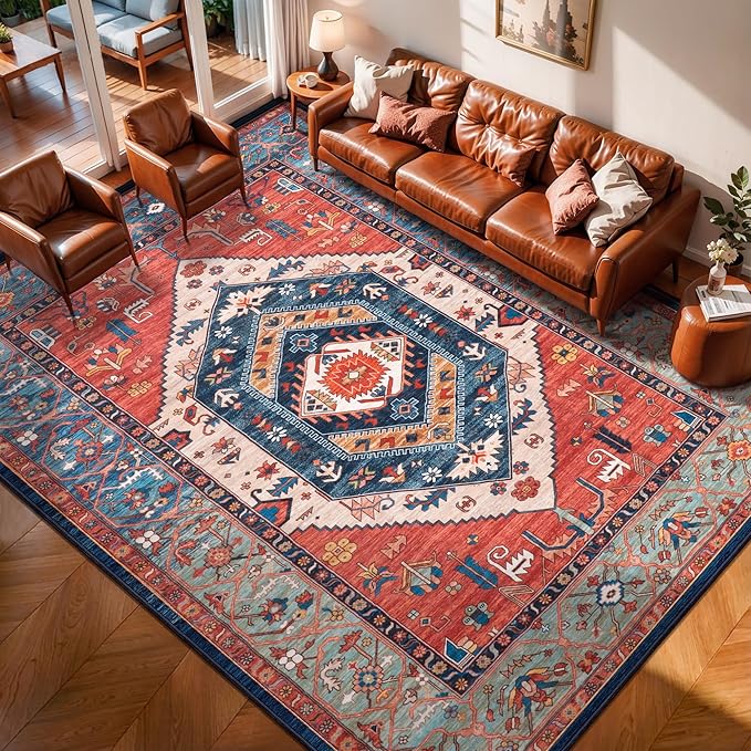 SERISSA 7x10 Area Rugs for Living Room, Large Washable Non-Slip Boho Rug, Ultra Soft Vintage Rust Oriental Tribal Print Distressed Carpet for Dining Room Bedroom Dorm Office Home Decor