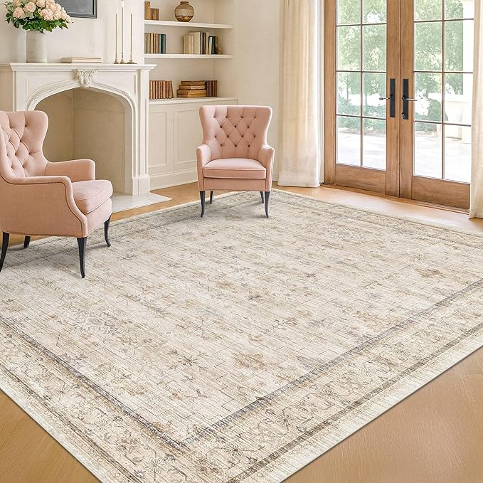 Washable Ivory 6x9 Living Room Rug, Non Slip Dinning Rugs for Under Table, Low Pile Neutral Farmhouse Retro Foldable Carpet for Bedroom, Office