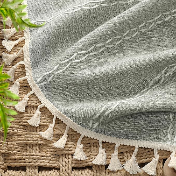 Boho Blackout Curtains 63 Inches Long Sage Green Linen Blend 2 Panels with Tassels and Cotton Embroidery, Farmhouse Vintage Rustic Rod Pocket Drapes for Living Room or Bedroom