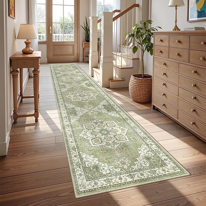 Runner Rug 2x10, Ultra-Thin Kitchen Rugs Non Slip Washable Rugs for Entryway Rug, Kitchen Runner Low Pile Vintage Soft Carpets for Living Room, Bathroom Bedroom (Light Green,2'x10')