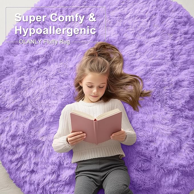 OLANLY Purple Round Rugs for Bedroom - Machine Washable, 4 ft Circle Area Rugs for Living Room, Soft and Fluffy Shaggy Carpet for Teen Girls and Boys, Nursery Rooms, Dorms, Home Decor Aesthetic