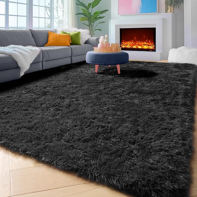 ONASAR Black 8x10 Area Rugs for Living Room, Large Fluffy Shag Bedroom Rug, Ultra Soft Thick Shaggy Floor Big Indoor Carpets for Kids Boys Girls Teen Nursery Dorm Modern Home Decor Aesthetic