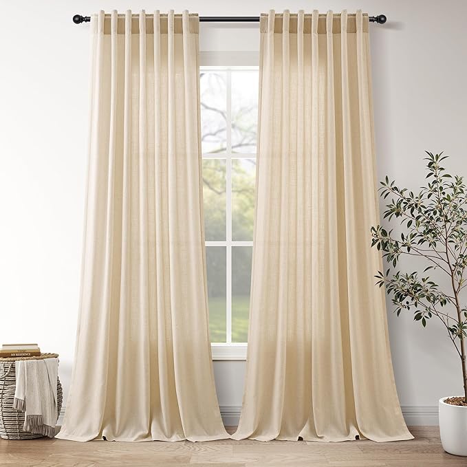 Extra Long Curtains 102 Inches Long for Living Room Tan Back Tab Rod Pocket Light Filtering Semi Sheer Drapes Cotton Linen Textured Window Curtain for Bedroom 9 FT,2 Panels