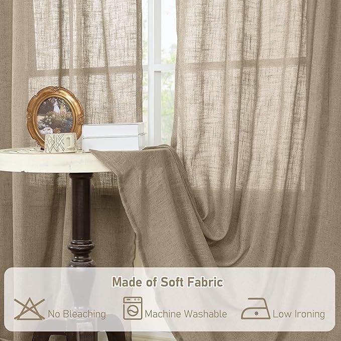 LAMIT Linen Curtains 48 Inch Length 2 Panels, Light Filtering Panels Back Tab and Rod Pocket Country Decor Drapes for Kitchen/Window/Loft Room/Bedroom, 34 x 48 Inch, Taupe