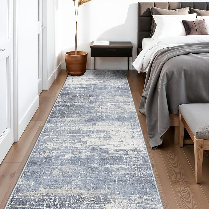 Washable 12ft Hallway Runner Rug: Non-Slip 2'6x12 Kitchen Rugs Low-Pile Entryway Rug Runner Abstract Soft Bedroom Floor Mat Farmhouse Carpet for Bathroom Living Room Dining Room(2'6x12,Blue/Ivory)