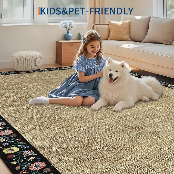 GarveeHome 4x6 Area Rugs for Bedroom Living Room Machine Washable Rugs Floral Bordered Small Carpet Non-Slip Stain Resistant Accent Carpet for Dining Room Table Apartment Office, Yellow