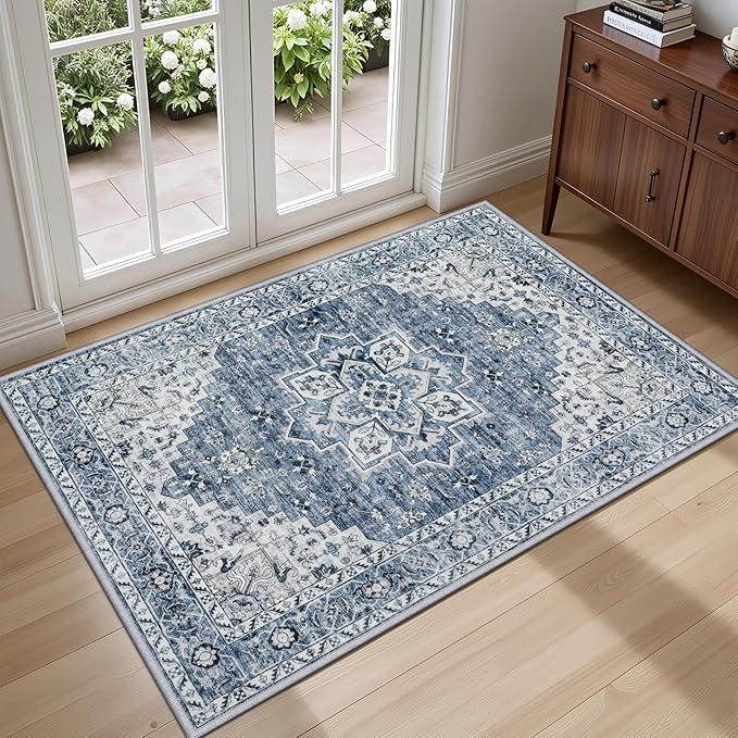 2x3 Area Rugs Living Room Rug: Washable Vintage Boho Medallion Rug No Slip Stain Resistant Soft Carpet Indoor Floor Large Carpets for Bedroom Dining Room Farmhouse Nursery Hallway Home Office Blue