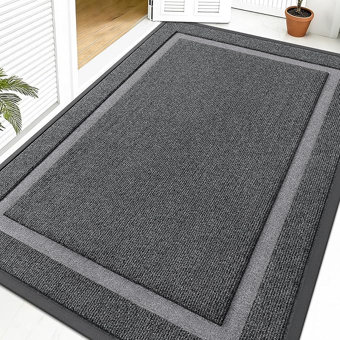 OLANLY Front Door Mat Indoor Outdoor Entrance, Waterproof All-Season, All-Weather Doormat, Sturdy Natural Rubber, Fade Resistant, Low Profile, Easy Clean Patio Porch Entryway Mat, 59x40, Grey