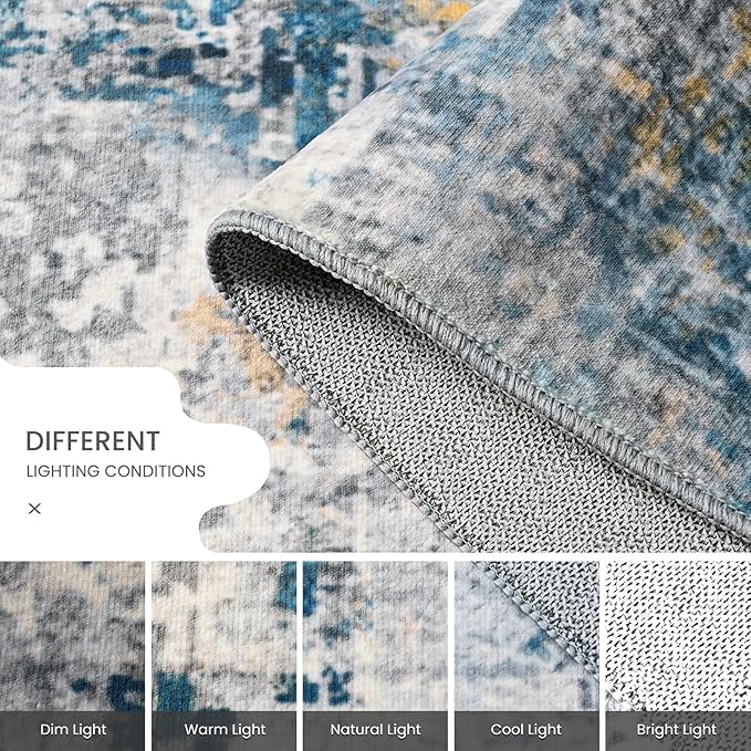 Ompaa Living Room Rug 5x8 Ultramarine Area Rug Machine Washable Boho Rug Non Slip Abstract Vintage Indoor Large Rugs for Bedroom, Classroom, College Dorm, Farmhouse, Dining Room, Kids Playroom
