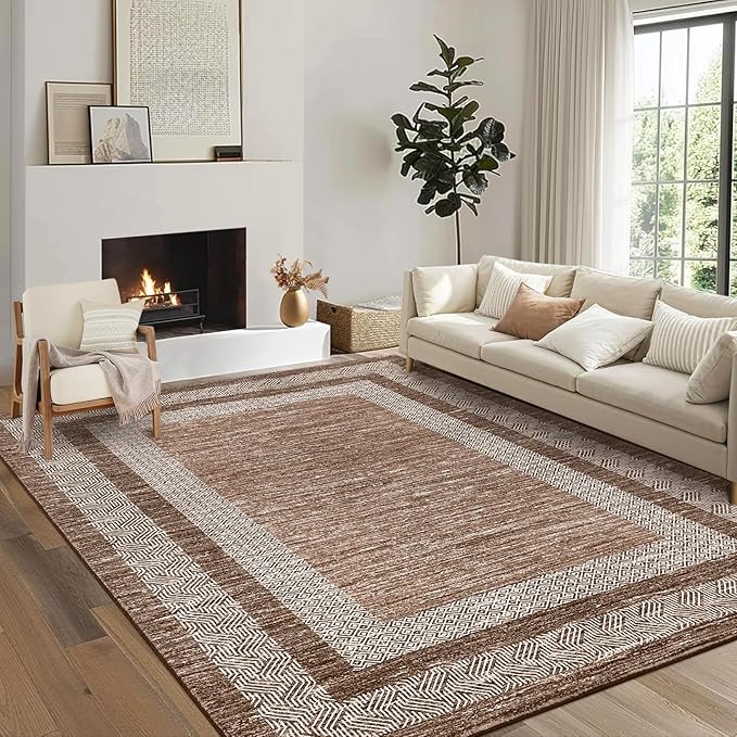 GarveeHome Washable Rug 5x7 Modern Bordered Rug with Non Slip Rubber Backing, Low Pile Thin Carpet, Soft Non Shedding Floor Covering, Foldable Printed Carpet for Living Room Bedroom, Brown