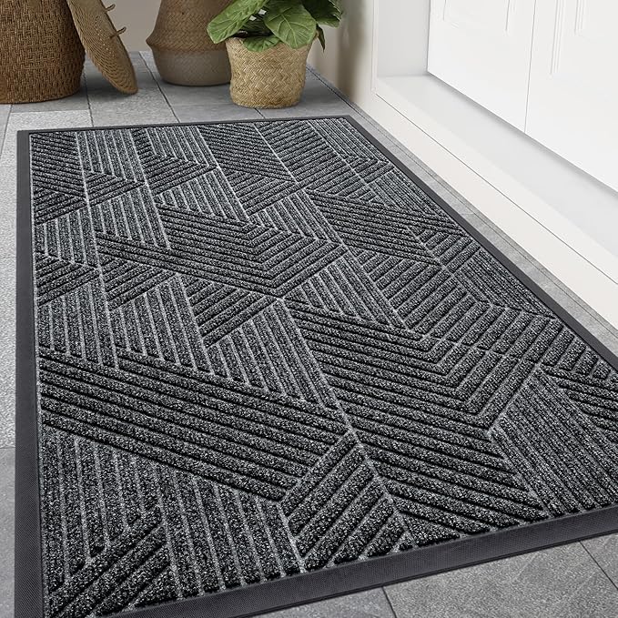 Smiry Front Door Mat Outside Entrance, Heavy Duty Sturdy Natural Rubber Doormat, Trap Dirt and Moisture, Easy Clean Low Profile Welcome Floor Mats for Indoor Outdoor Entry, 59x34 Inch, Grey
