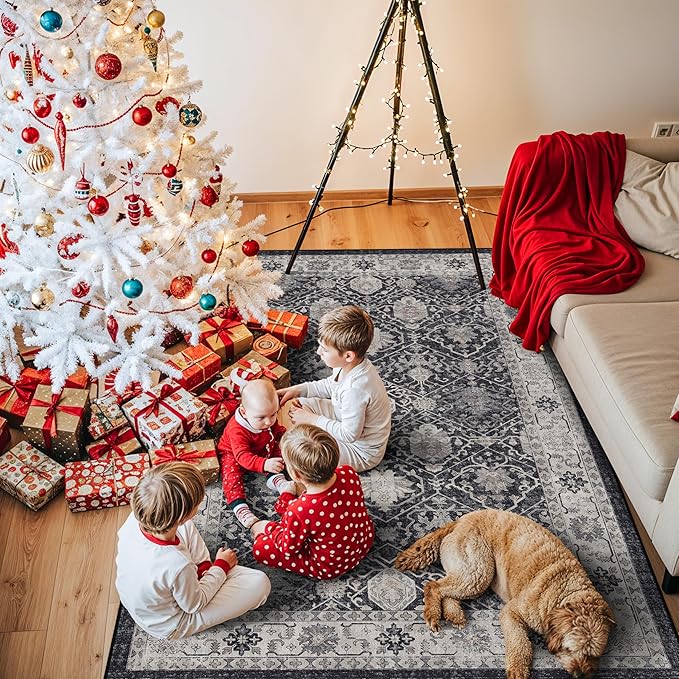 4x6 Living Room Area Rugs: Washable Non-Slip Boho Decorative Rugs for Bedroom Nursery Low Pile Neutral Small Carpet for Kitchen Dining Room Non-Shedding Floor Mat for Kids Room Office (4x6，Black)