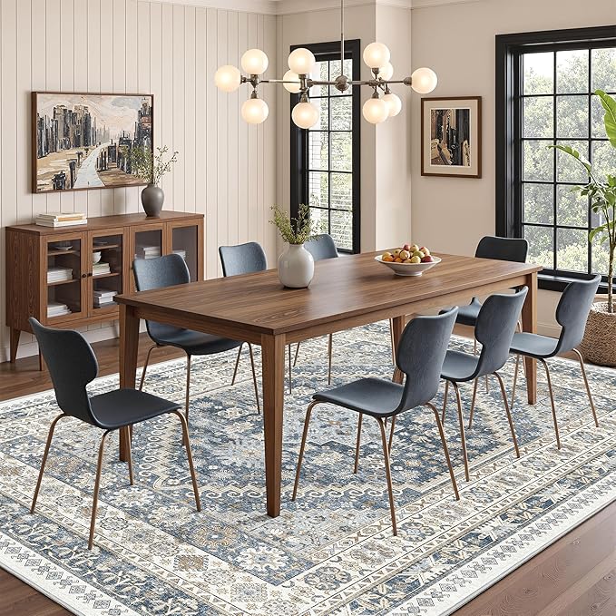 Washable Rugs 8x10 Area Rugs for Living Room, Non-Slip Backing Large Rug for Nursery Room, Vintage Floral Bedroom Rugs, Thin Indoor Home Decor Soft Farmhouse Rug (Blue/Beige,8'x10')