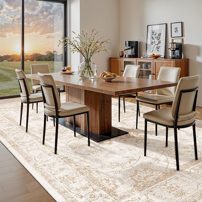 Madane 8x10 Area Rugs for Living Room, Machine Washable Vintage Rug with Non-Slip Backing, Soft Floral Print Large Throw Rugs, Thin Carpet for Bedroom Dining Room Farmhouse (8 x 10, Wood/Ivory)